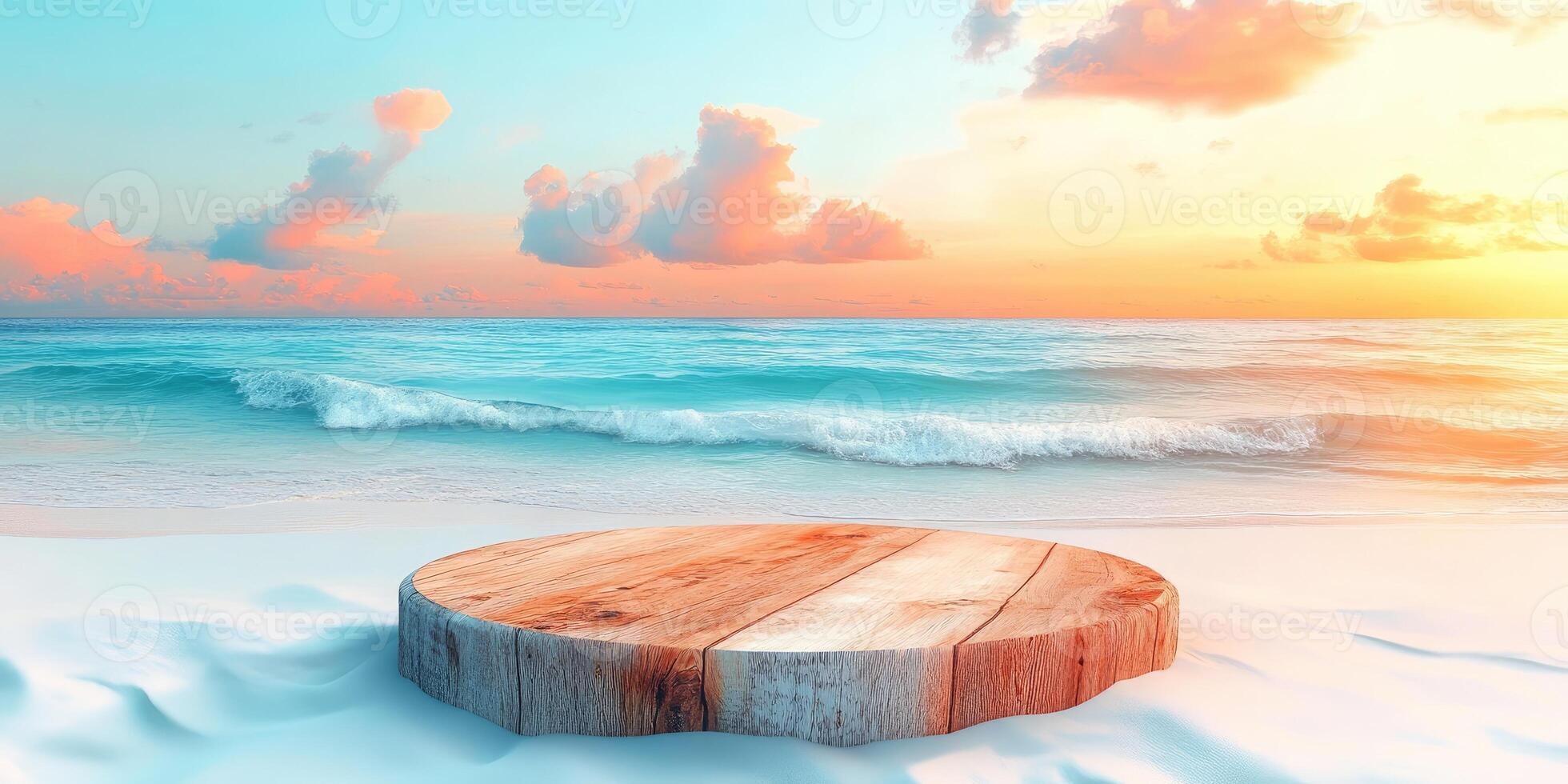 Wooden Platform on a Sandy Beach with Ocean and Sunset Sky photo