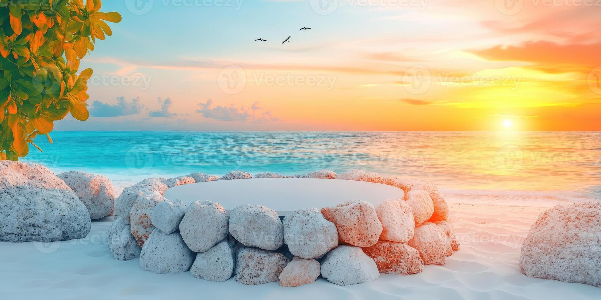 Circular Stone Platform on a Sandy Beach at Sunset photo