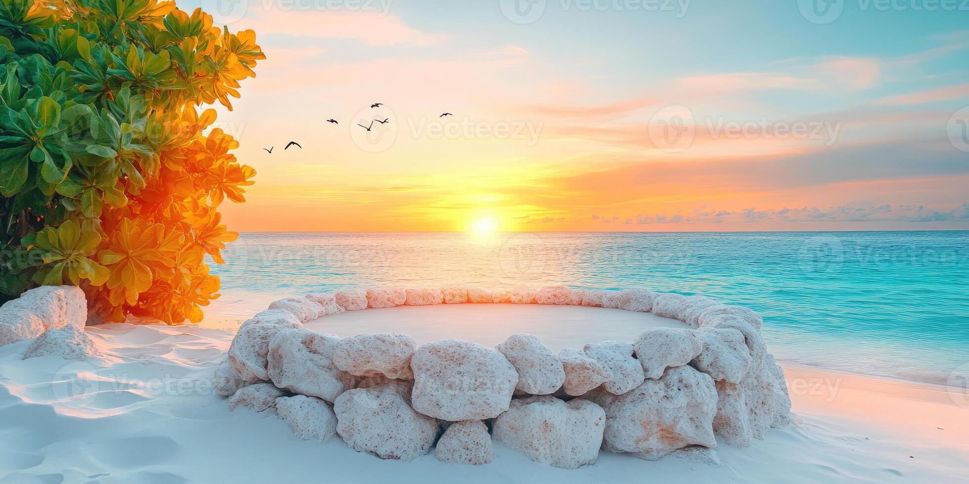 Stone Circle Product Display on a Tropical Beach at Sunset photo