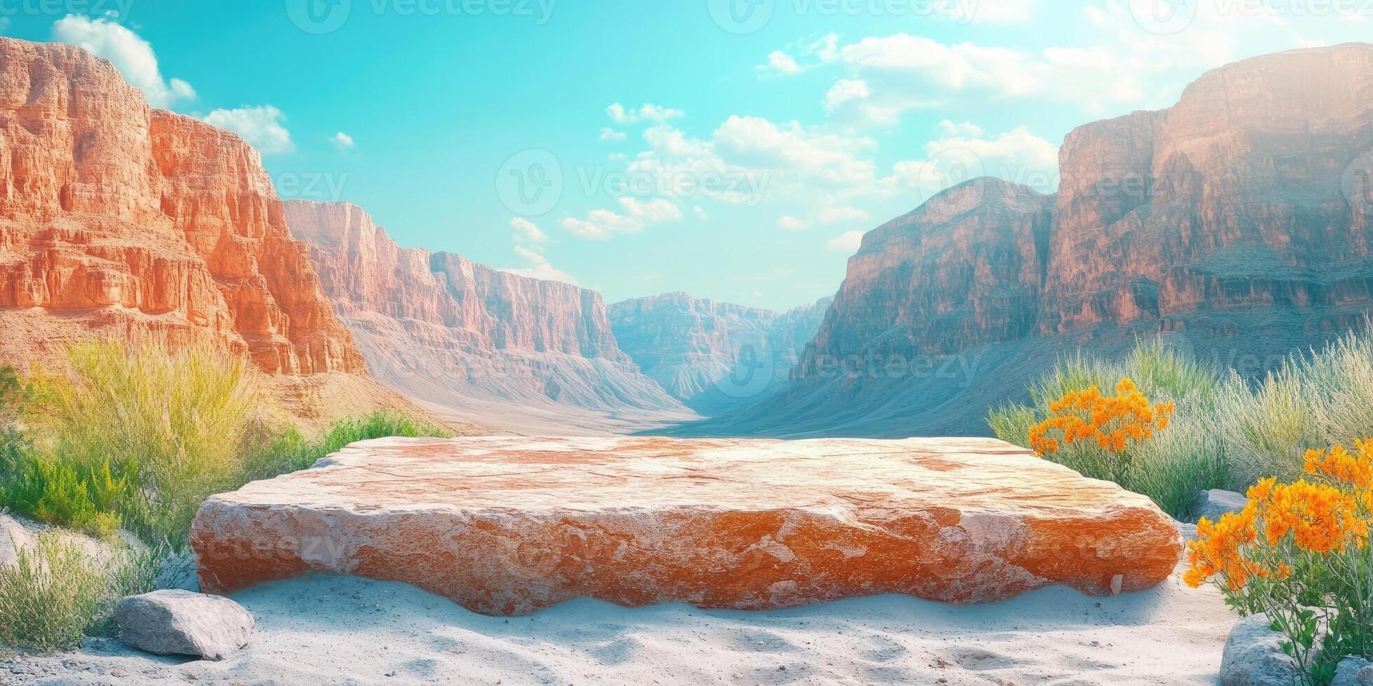 Large Stone Platform in a Desert Canyon with Flowers photo