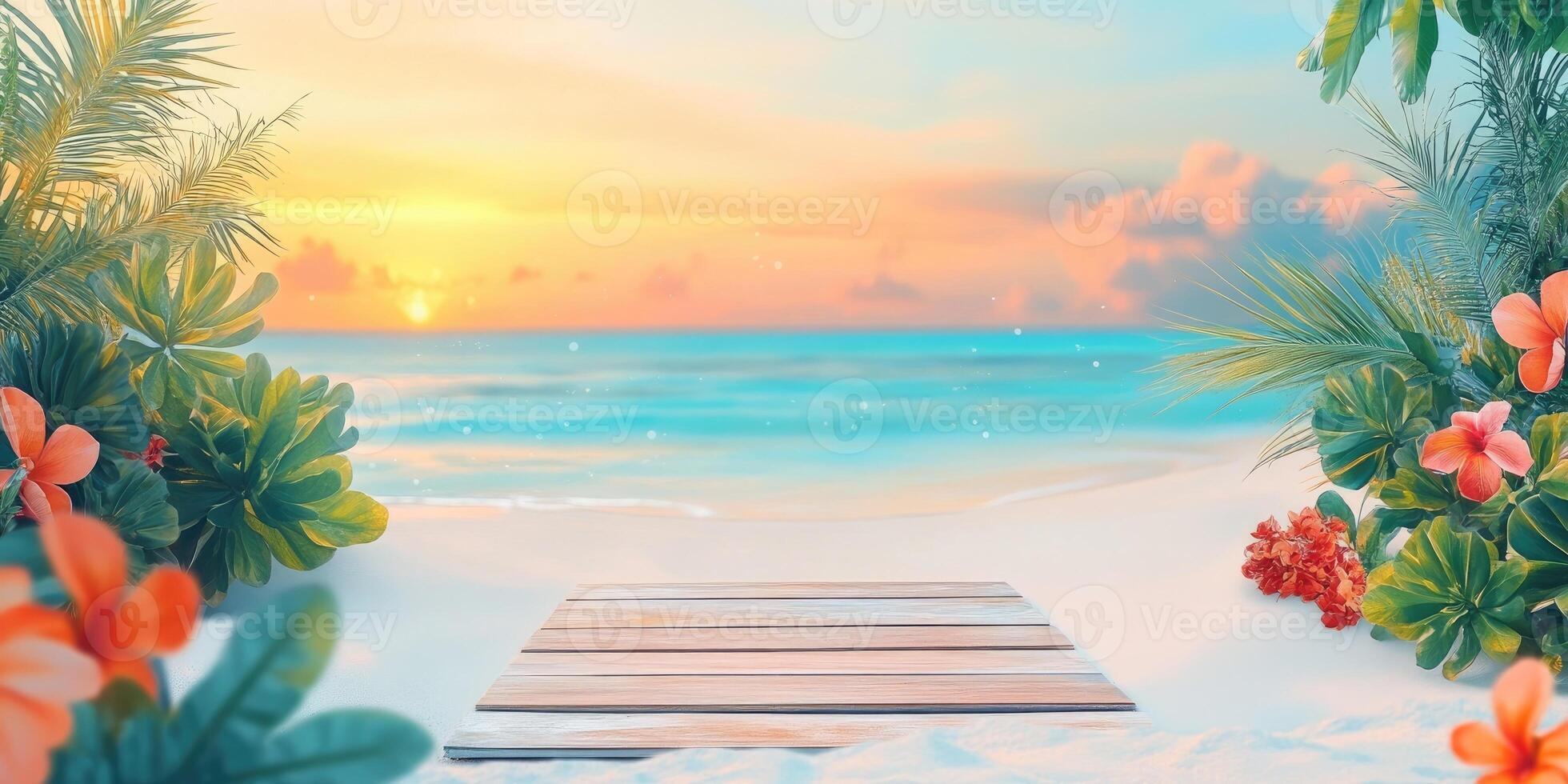 Wooden Plank on a Beach at Sunset with Tropical Plants photo