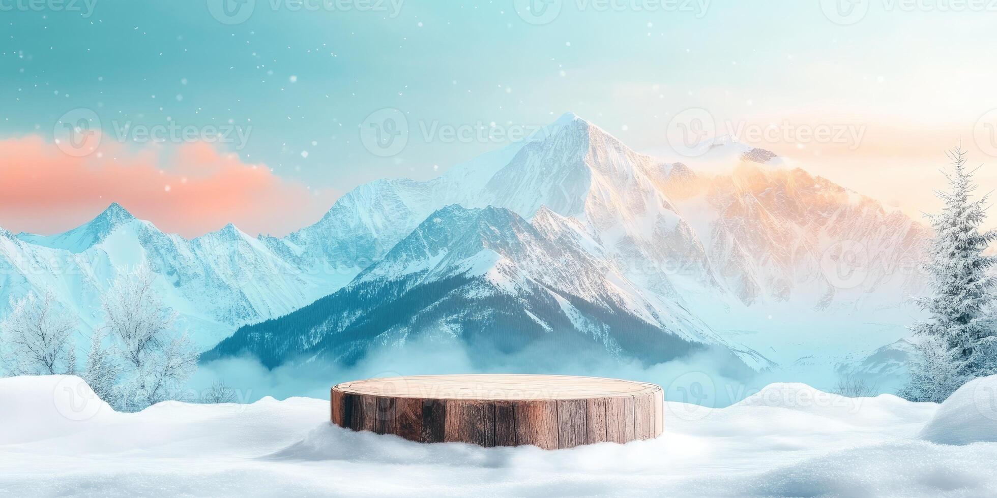 Wooden Platform in Snowy Mountain Landscape photo