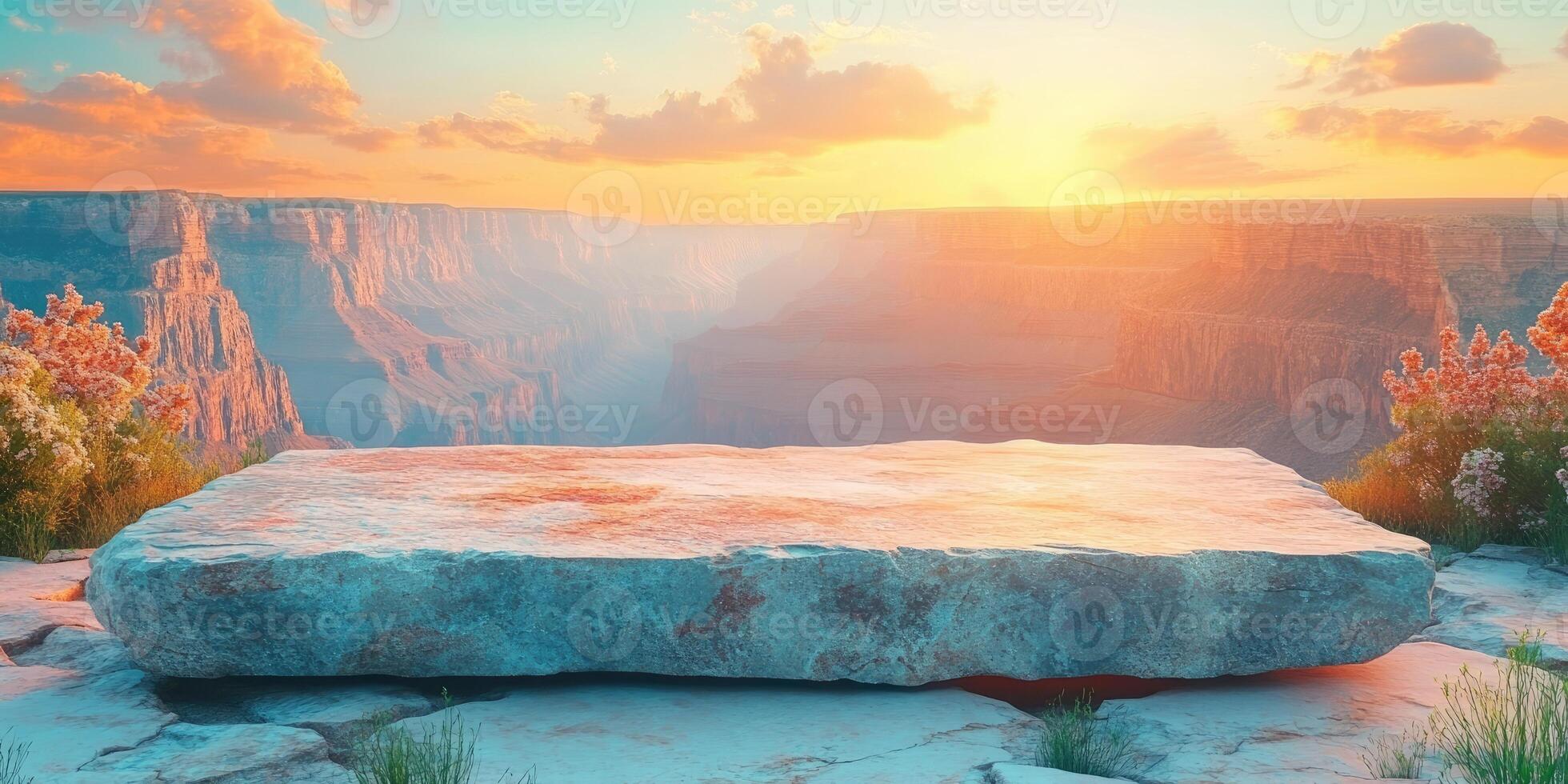 Sunset Over a Canyon with a Large Rock in the Foreground photo