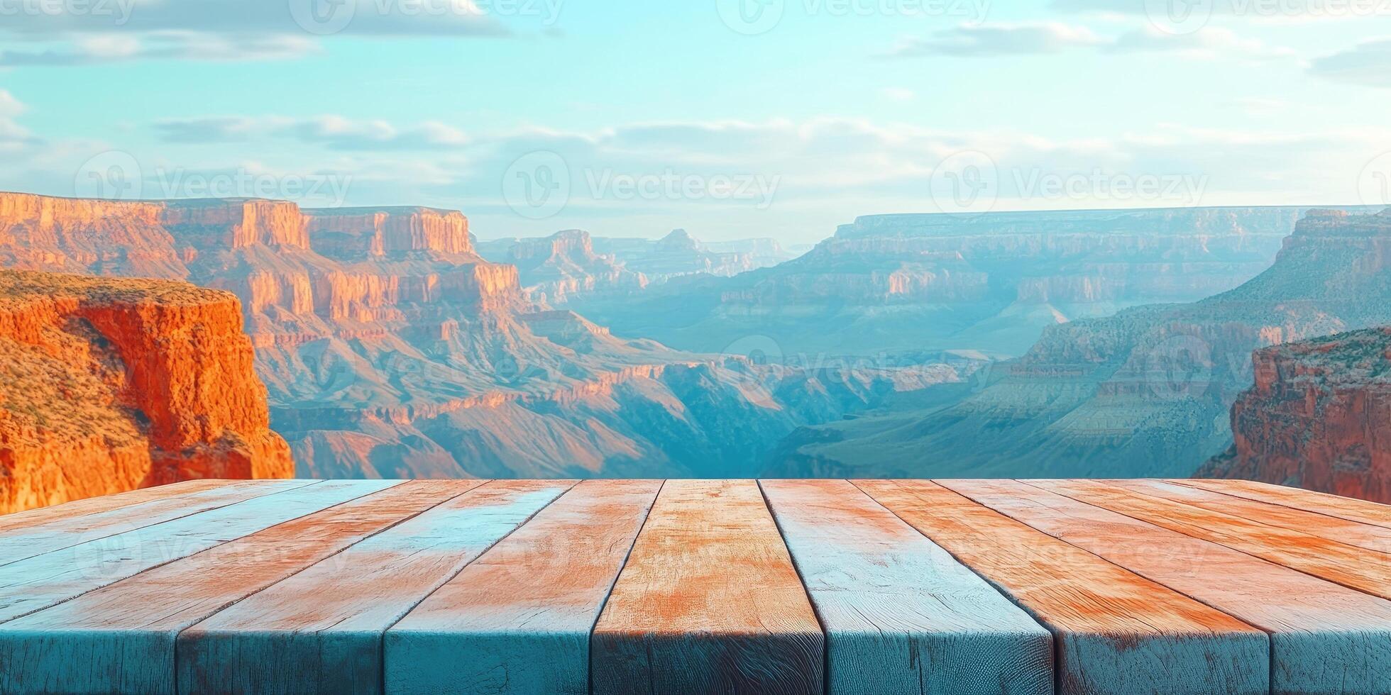 Wooden Tabletop Overlooking Grand Canyon at Sunset photo