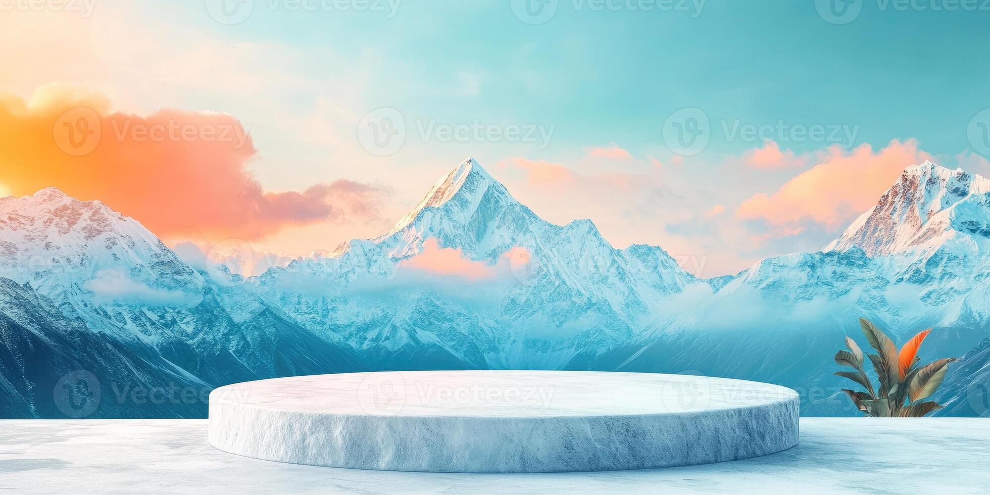 Circular Marble Podium Against Snowy Mountain Range with Sunset Sky photo