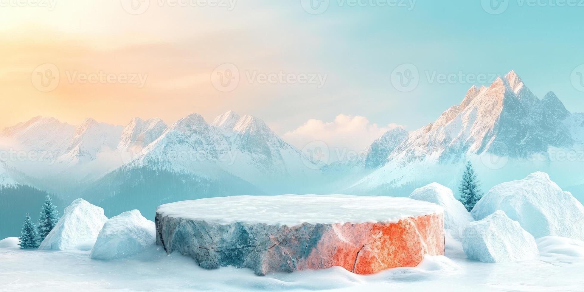 Snowy Mountain Peak with Stone Platform and Trees photo