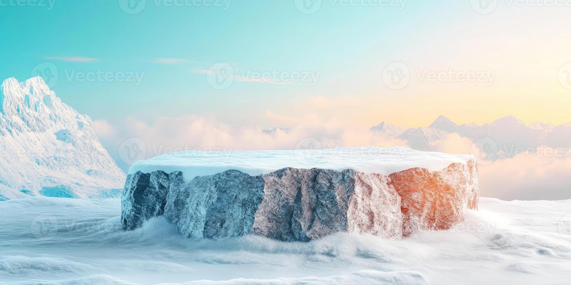 Snowy Mountaintop with Rock Platform and a Hazy Sky photo