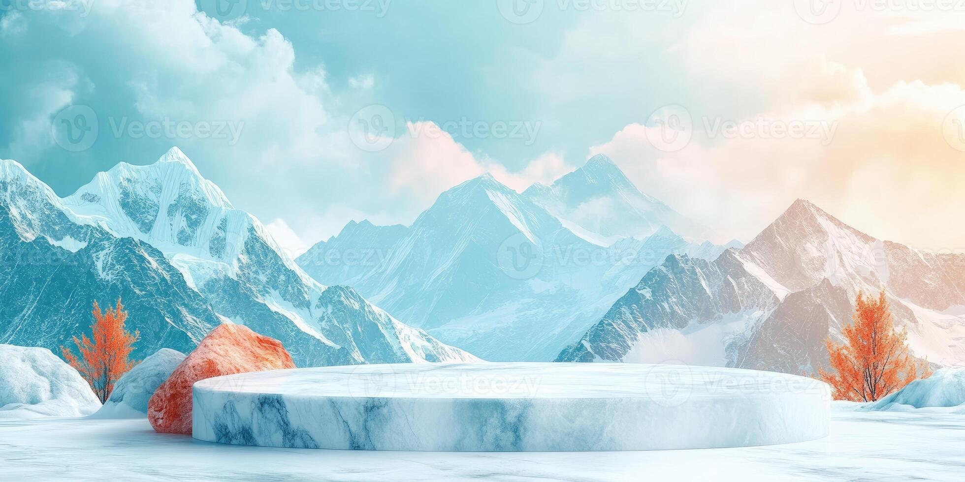 Marble Platform in Snowy Mountain Landscape photo