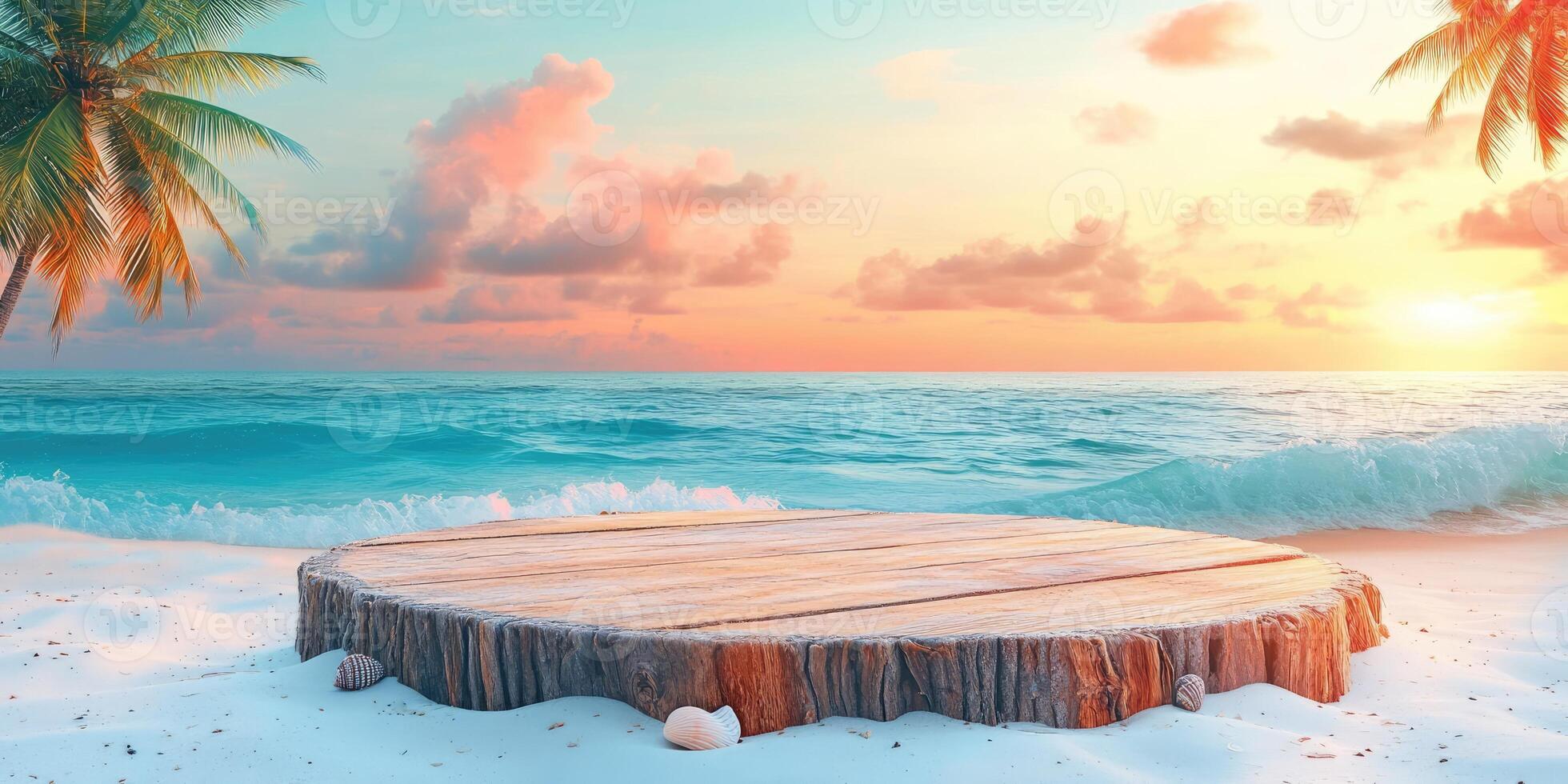 Wooden Platform on a Sandy Beach at Sunset with Palm Trees and Ocean Waves photo