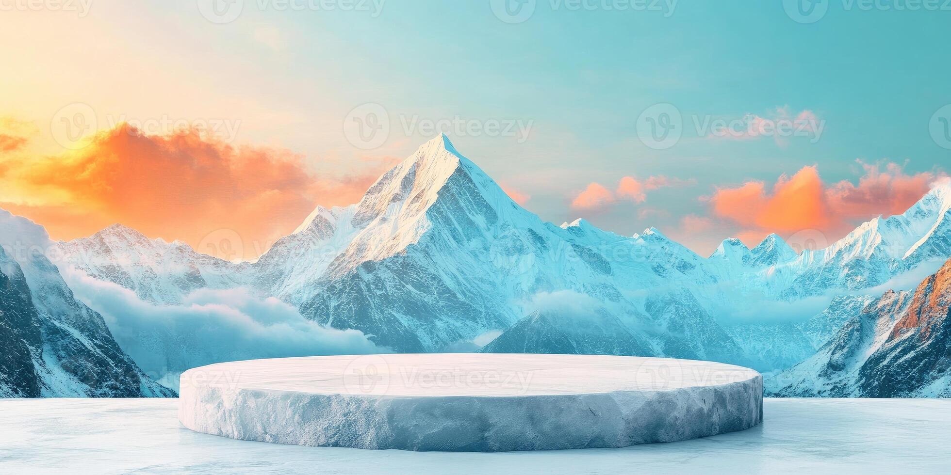 Snowy Mountain Range with Ice Platform and a Sunset Sky photo