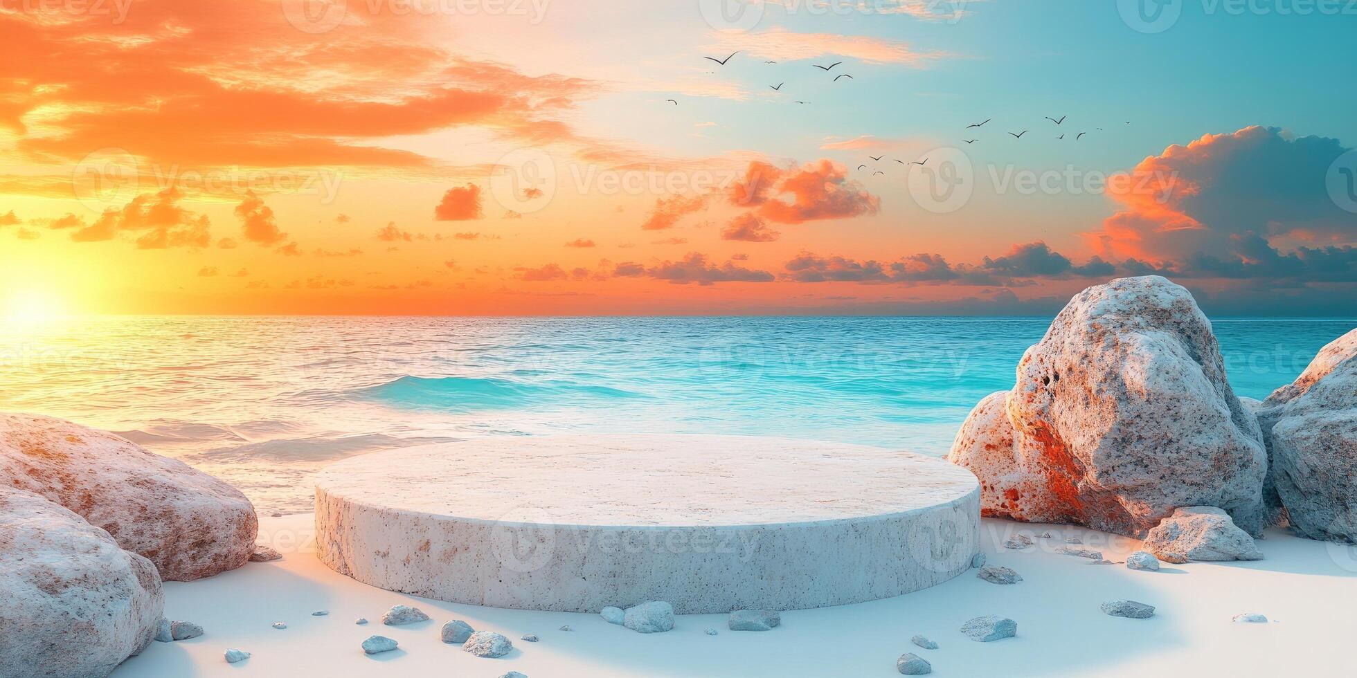 Stone Platform on Sandy Beach with Ocean Sunset View photo