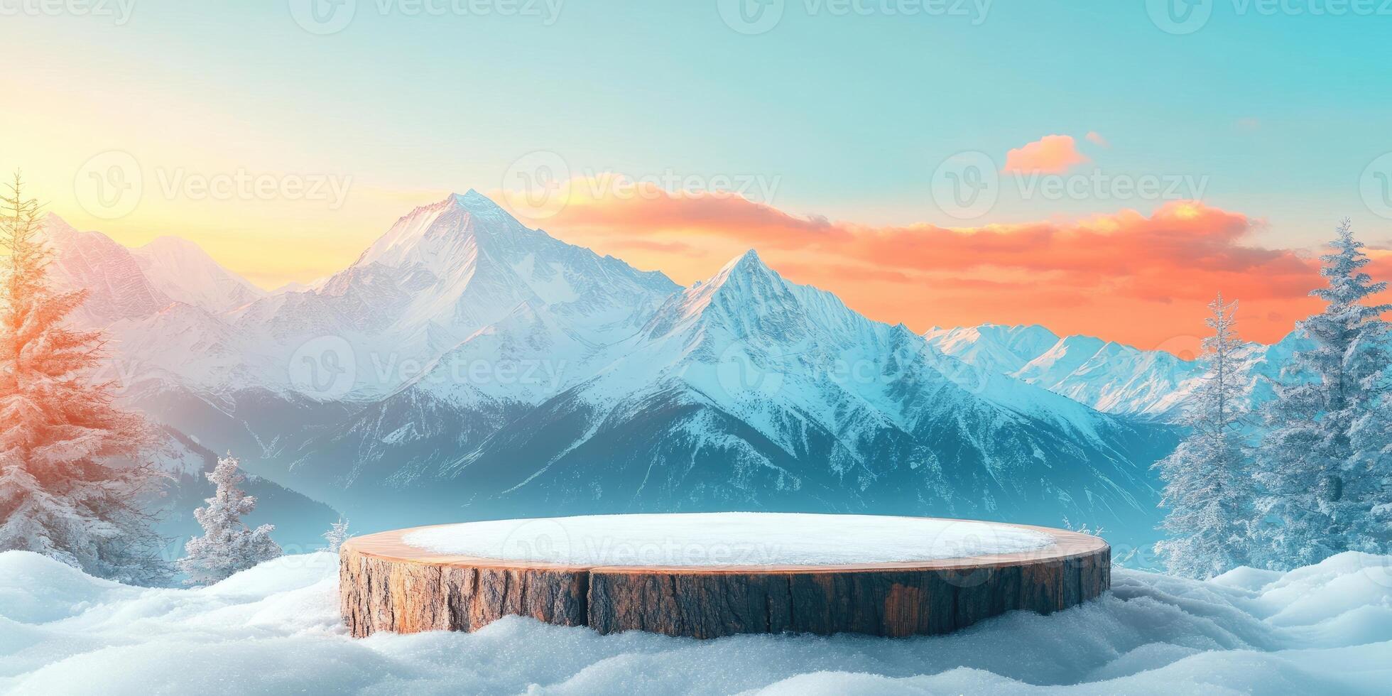Wooden Platform in a Snowy Mountain Landscape at Sunset photo