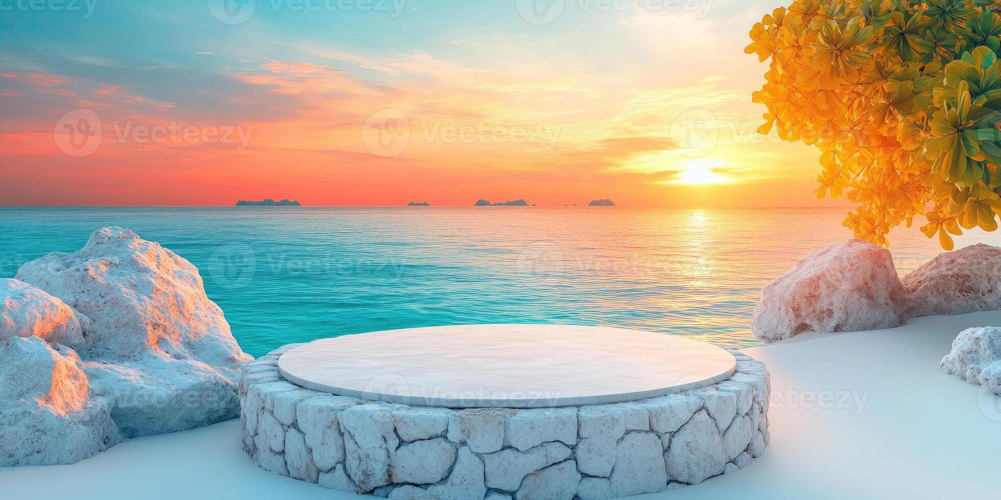 Stone Platform on a Beach with Sunset and Ocean View photo