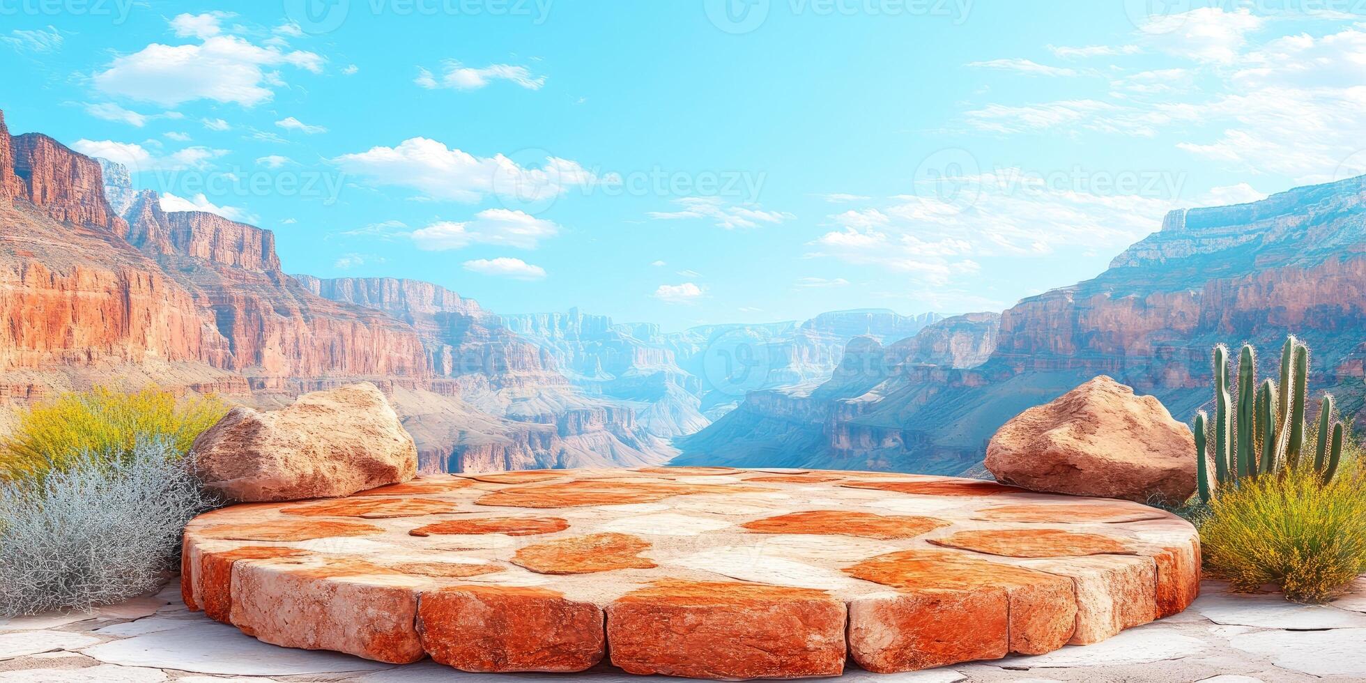 Stone Platform Overlooking a Canyon with a Cactus and Shrubbery in the Foreground photo