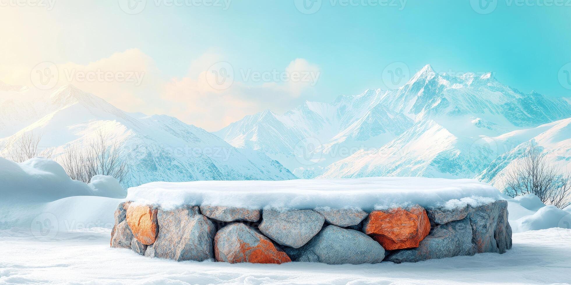 Snowy Mountain Landscape with Stone Platform photo