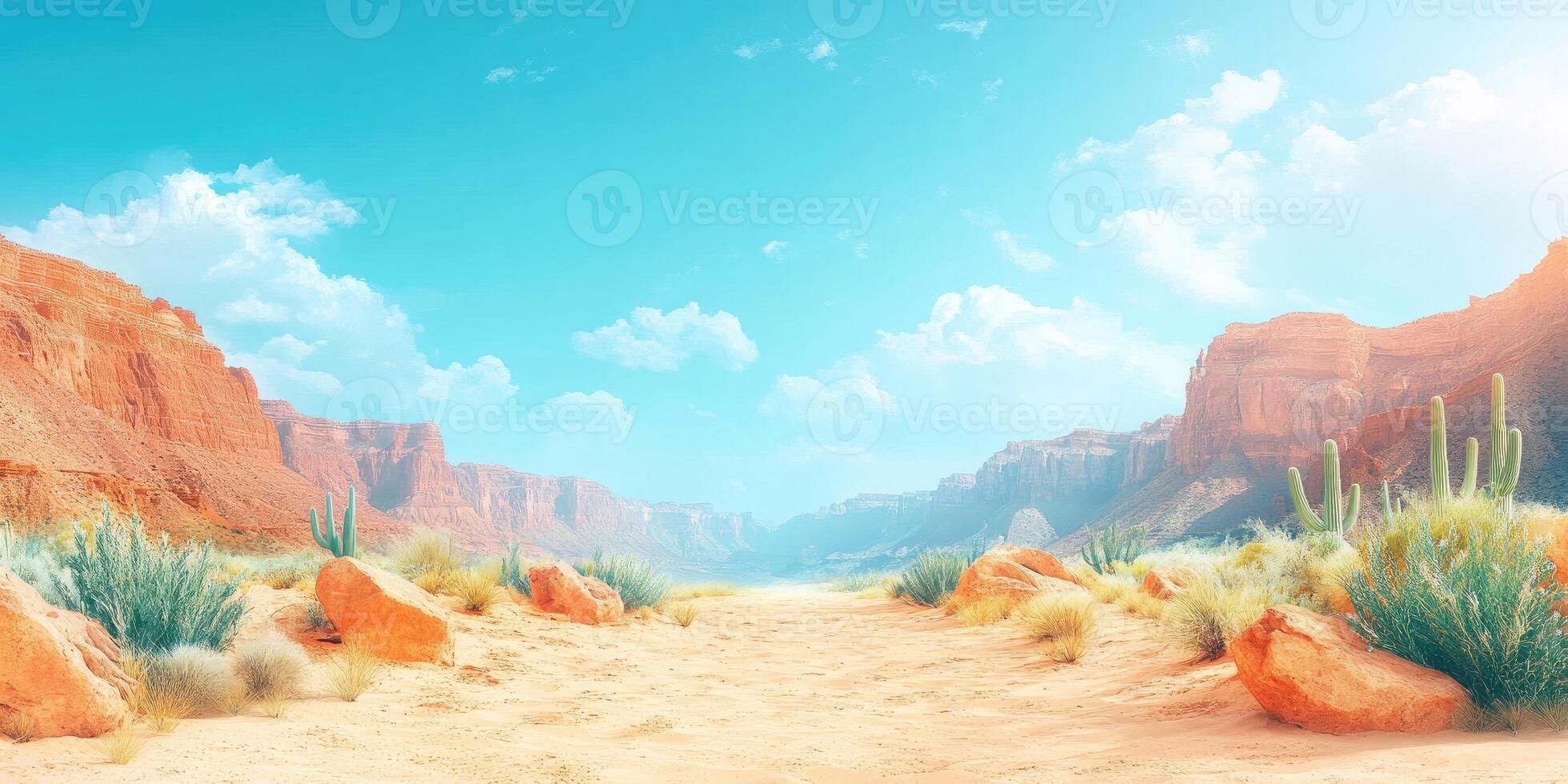 A Desolate Desert Landscape with Sandstone Cliffs, Cacti, and a Sandy Path photo