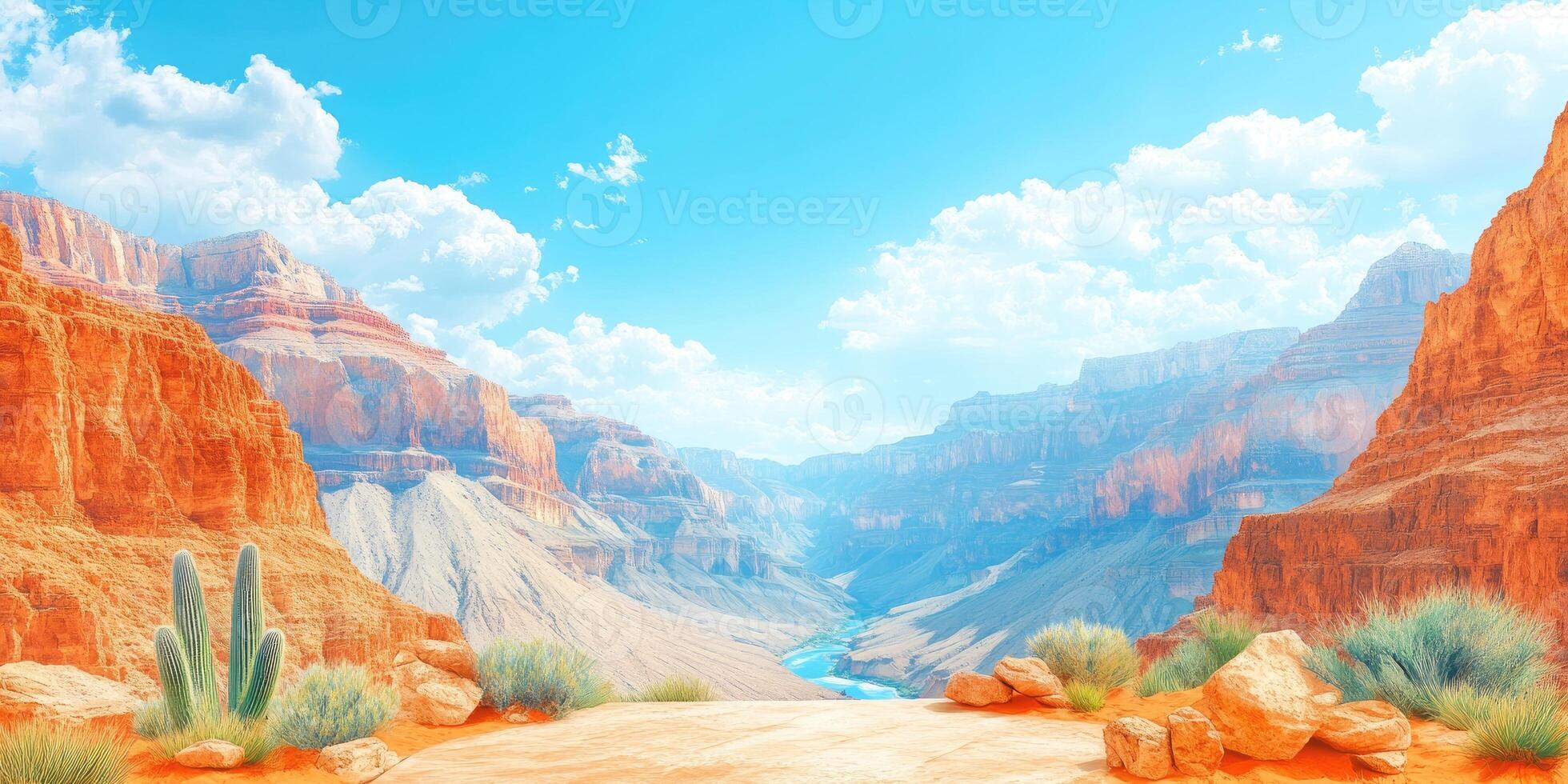 A View from the Edge of the Grand Canyon with Blue Sky and Fluffy Clouds photo