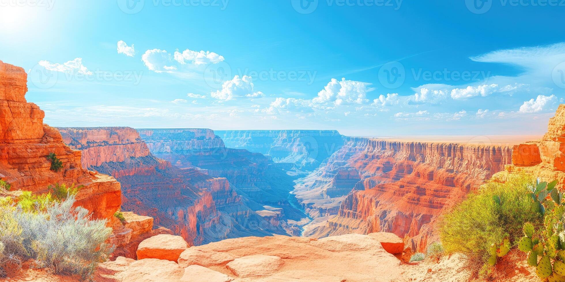 Panoramic View of the Grand Canyon with a Blue Sky and Fluffy Clouds photo