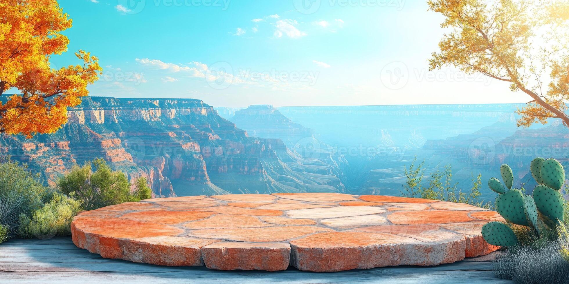 Stone Platform Overlooking Grand Canyon with Cactus and Autumn Trees photo