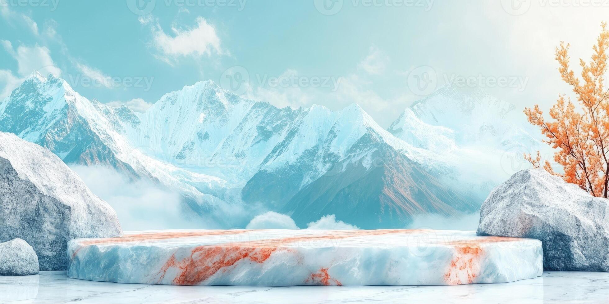 Marble Platform with Snowy Mountains and a Branch in the Background photo