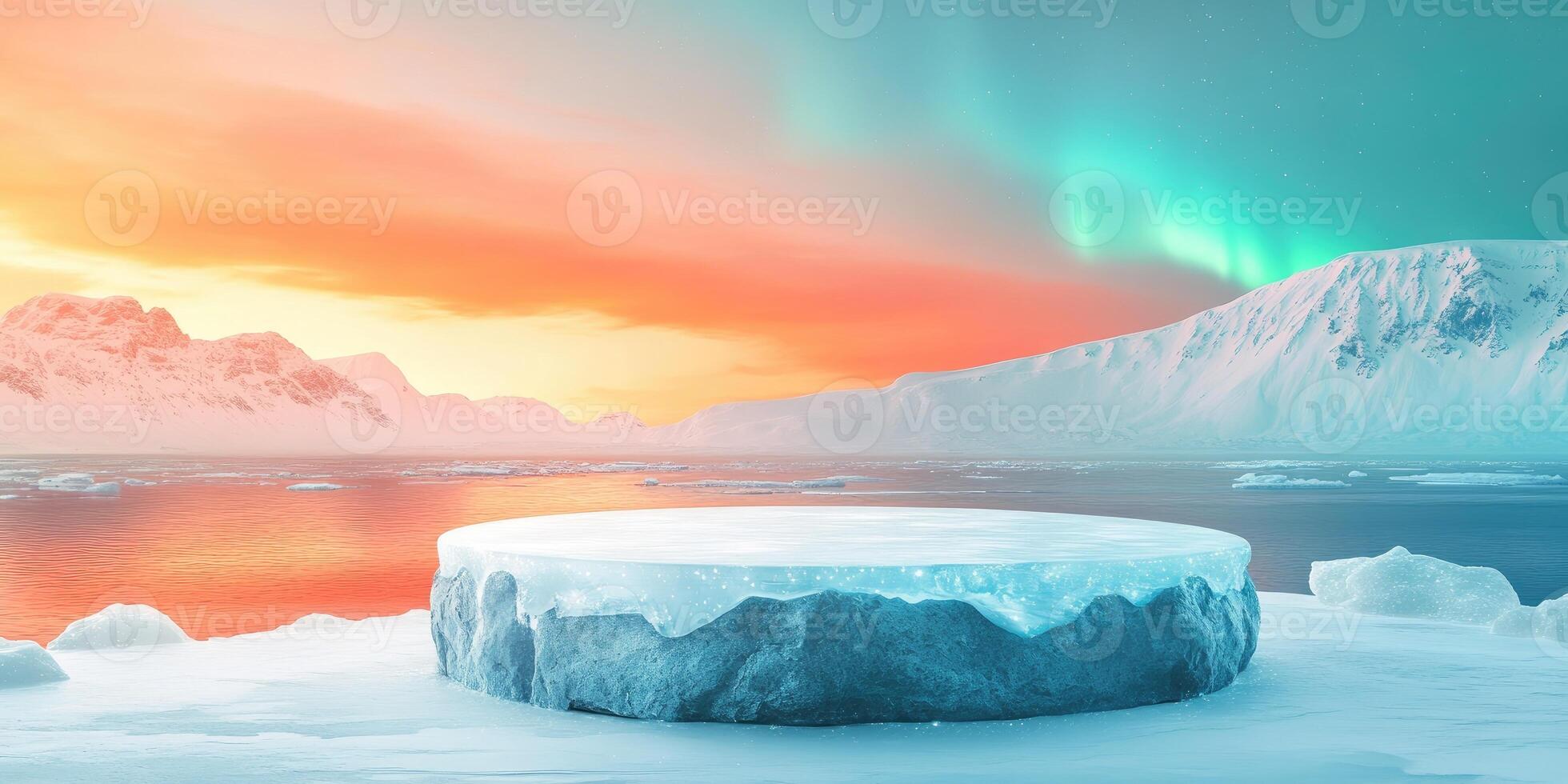 Frozen Ice Platform in Arctic Landscape with Aurora Borealis photo