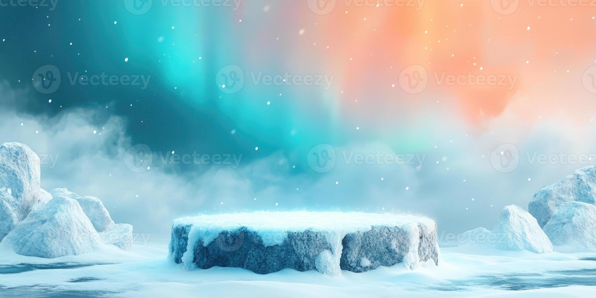 Snowy Platform with a Blue and Orange Aurora Borealis Background photo