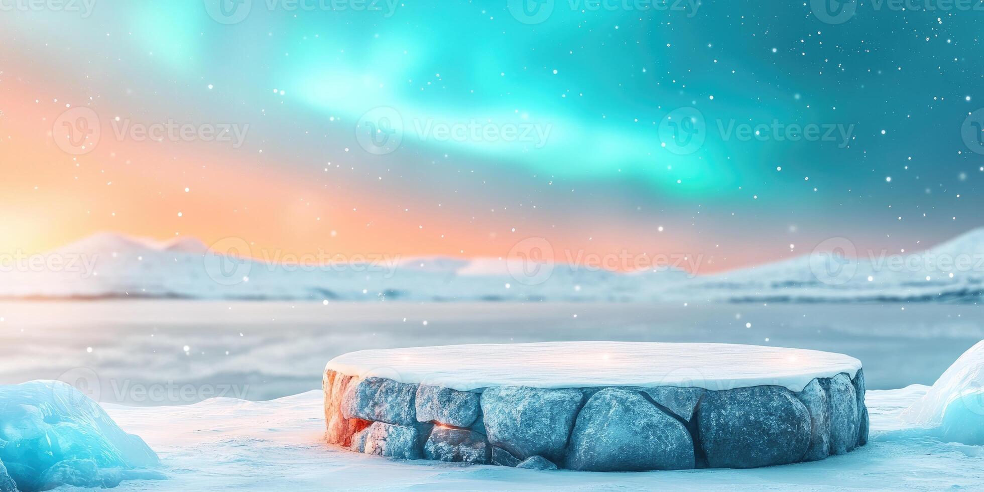Snowy Stone Platform Against a Winter Sky with Aurora Borealis photo