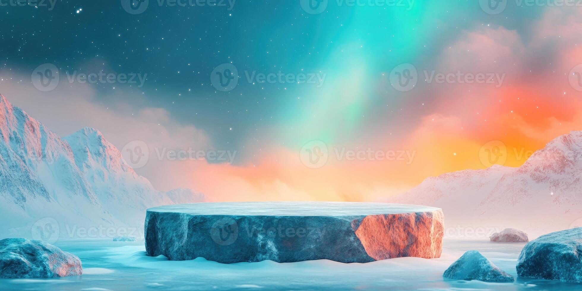 A Snowy Mountain Range with a Stone Platform in Front of a Colorful Aurora Borealis photo