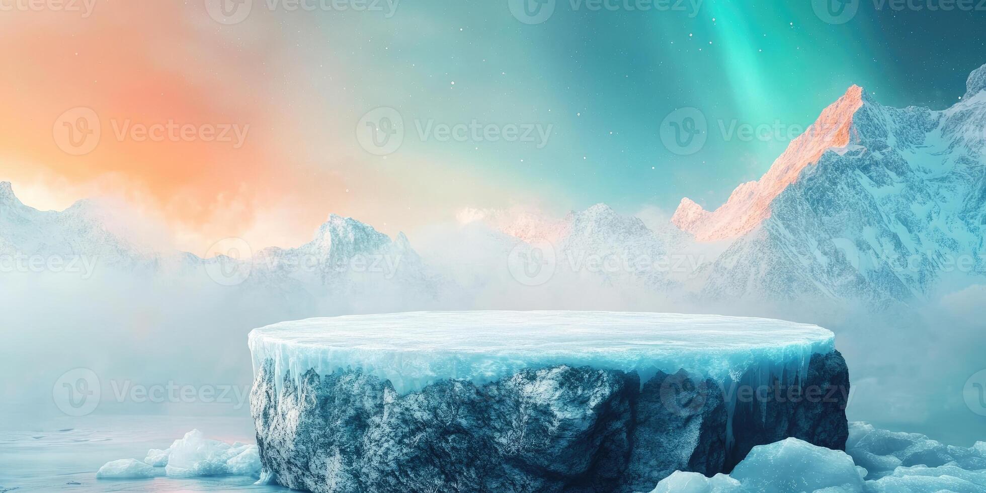 Frozen Ice Platform in a Snowy Mountain Landscape photo