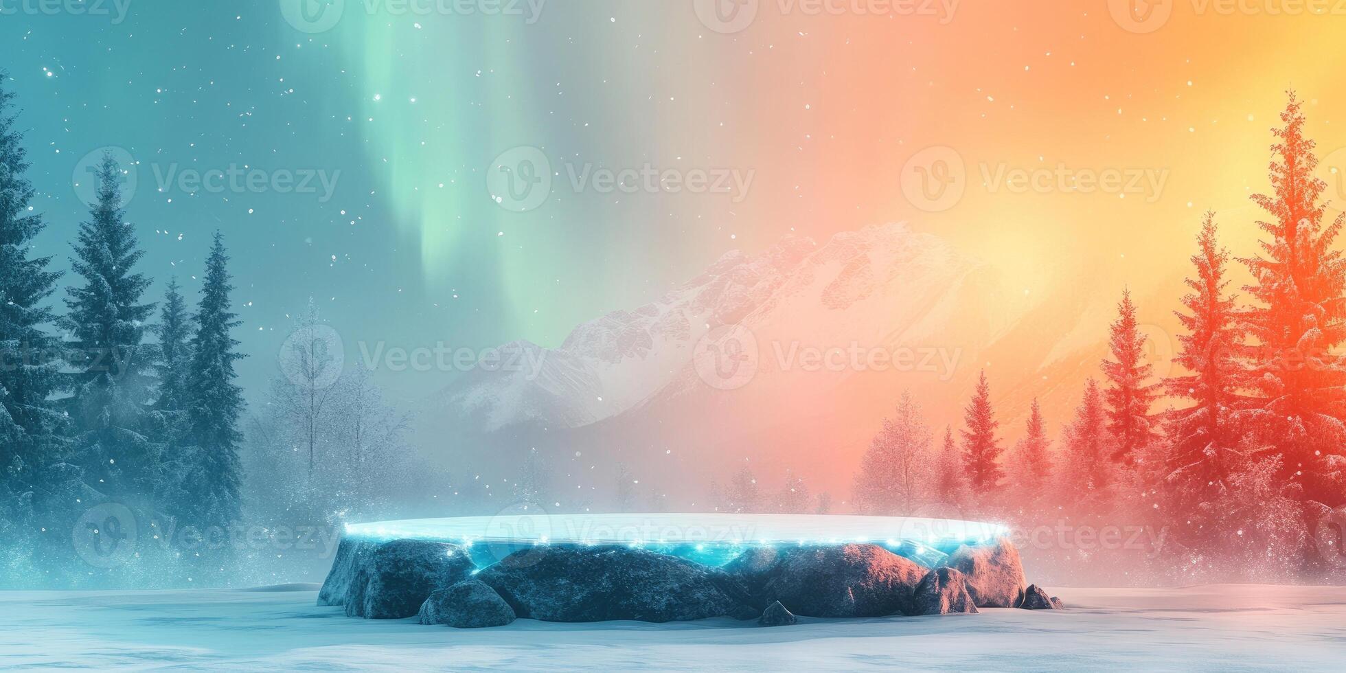 Circular Ice Platform in a Snowy Mountain Landscape with Aurora Borealis photo