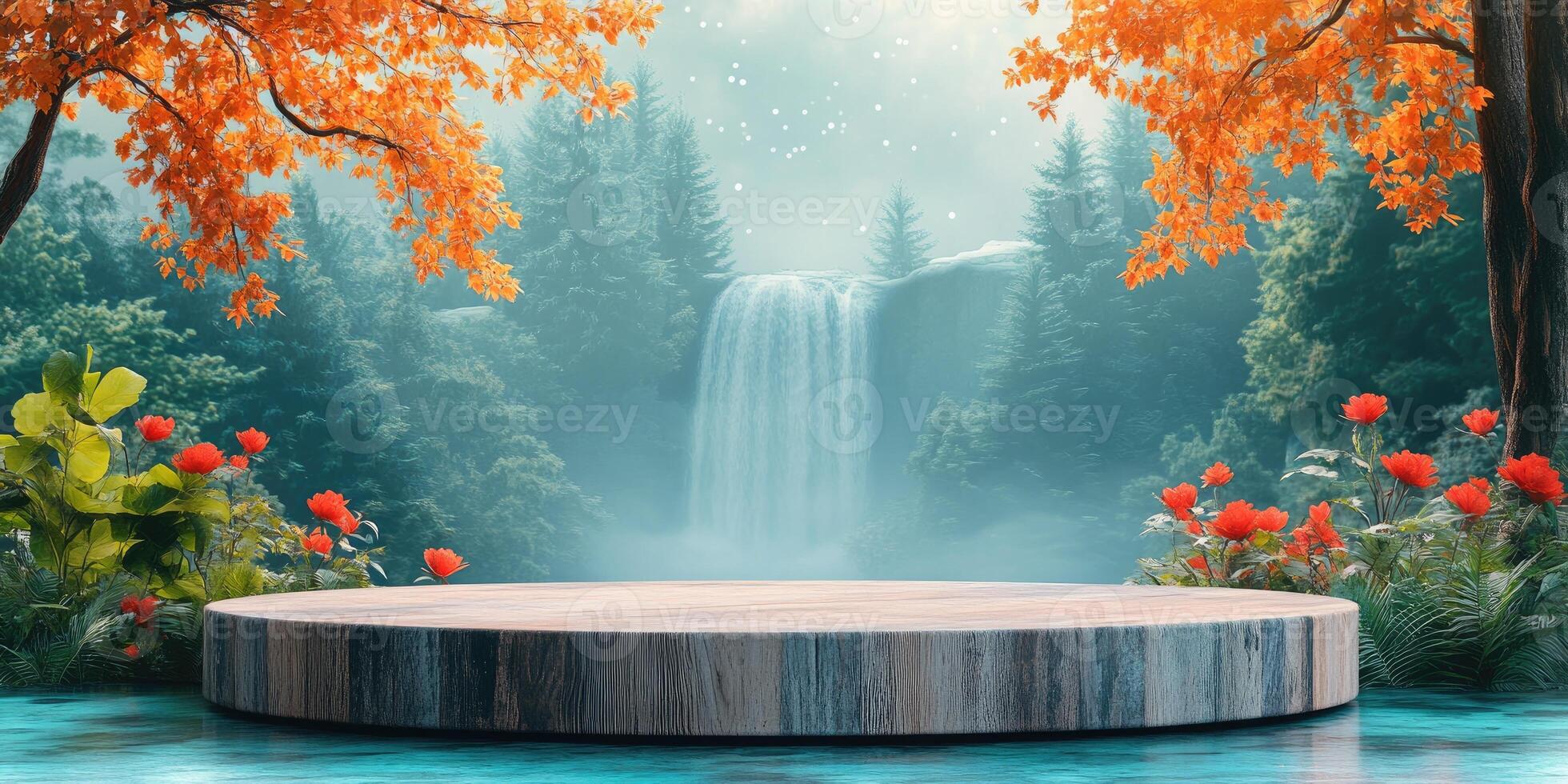 Wooden Platform with Waterfall Backdrop in Misty Autumn Forest photo