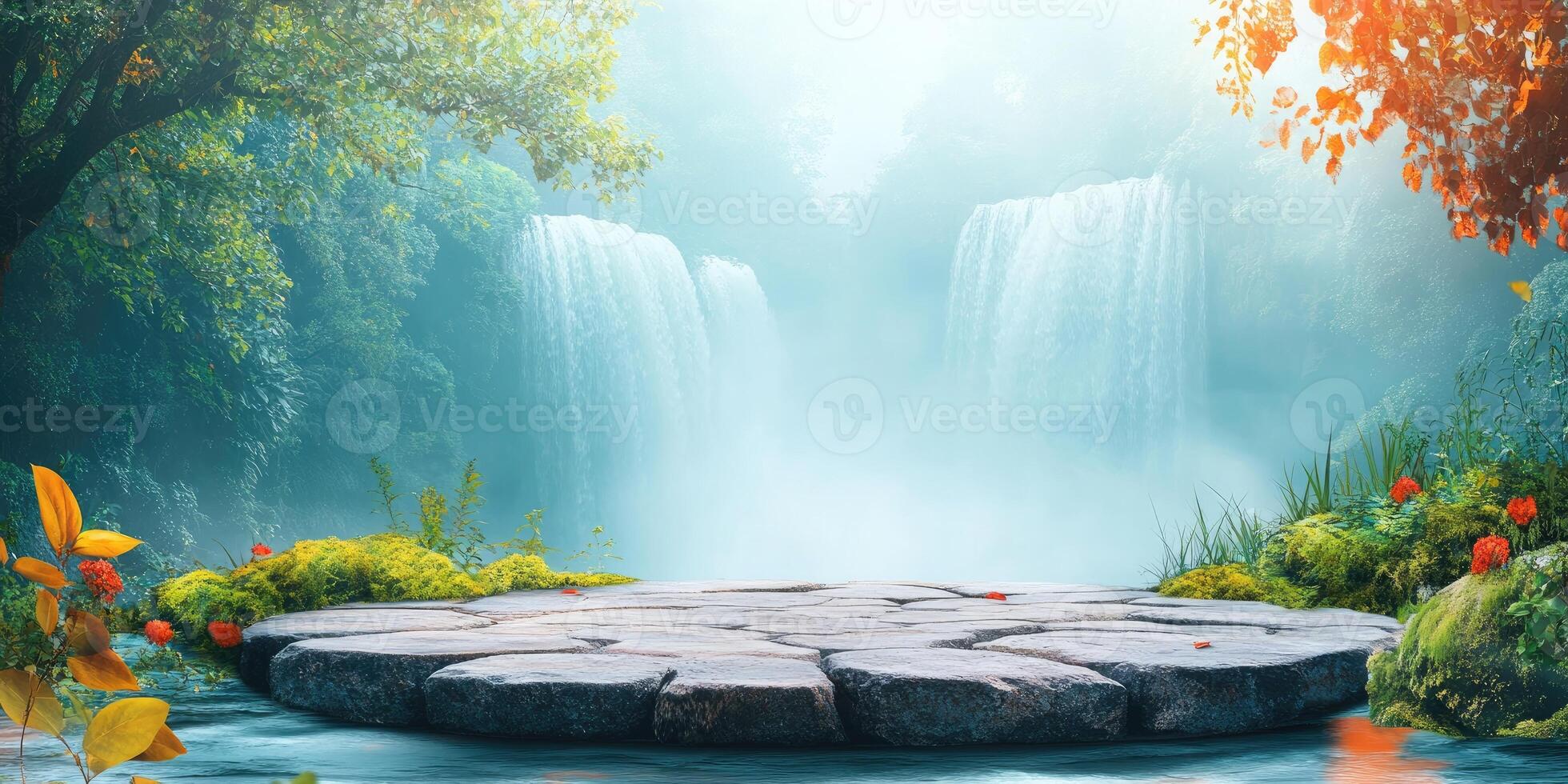Stone Platform in a Lush Forest with a Waterfall in the Background photo