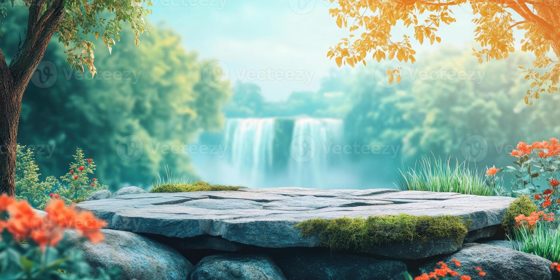 Stone Platform in a Lush Forest Landscape with a Blurred Waterfall in the Background photo