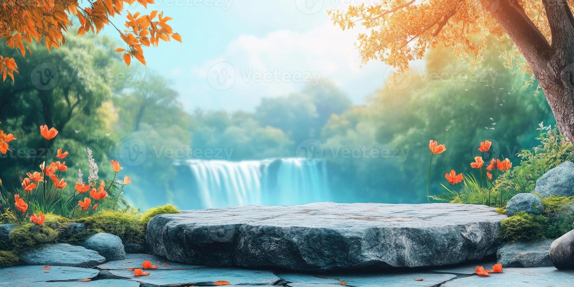 Stone Platform with Waterfall and Flowers in a Lush Forest photo
