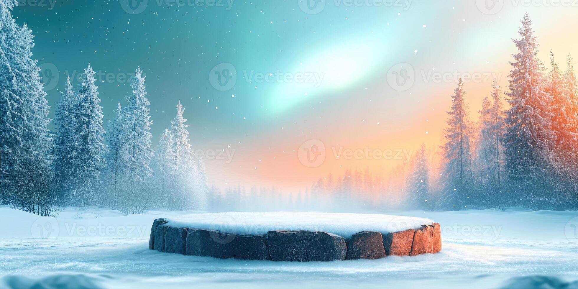 Snow-Covered Stone Platform in a Winter Forest at Sunset photo