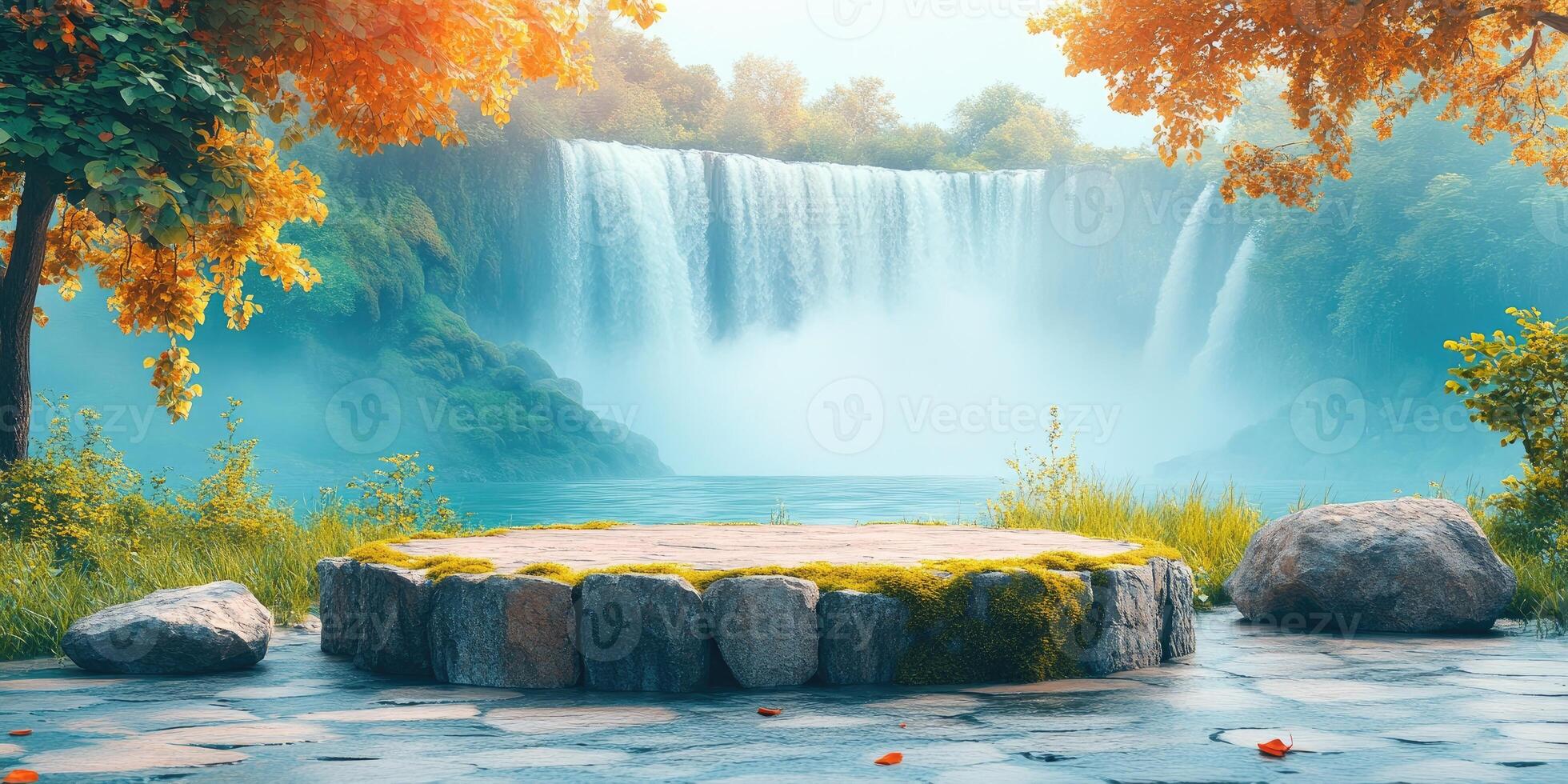 Stone Platform with Waterfall and Autumn Trees Background photo