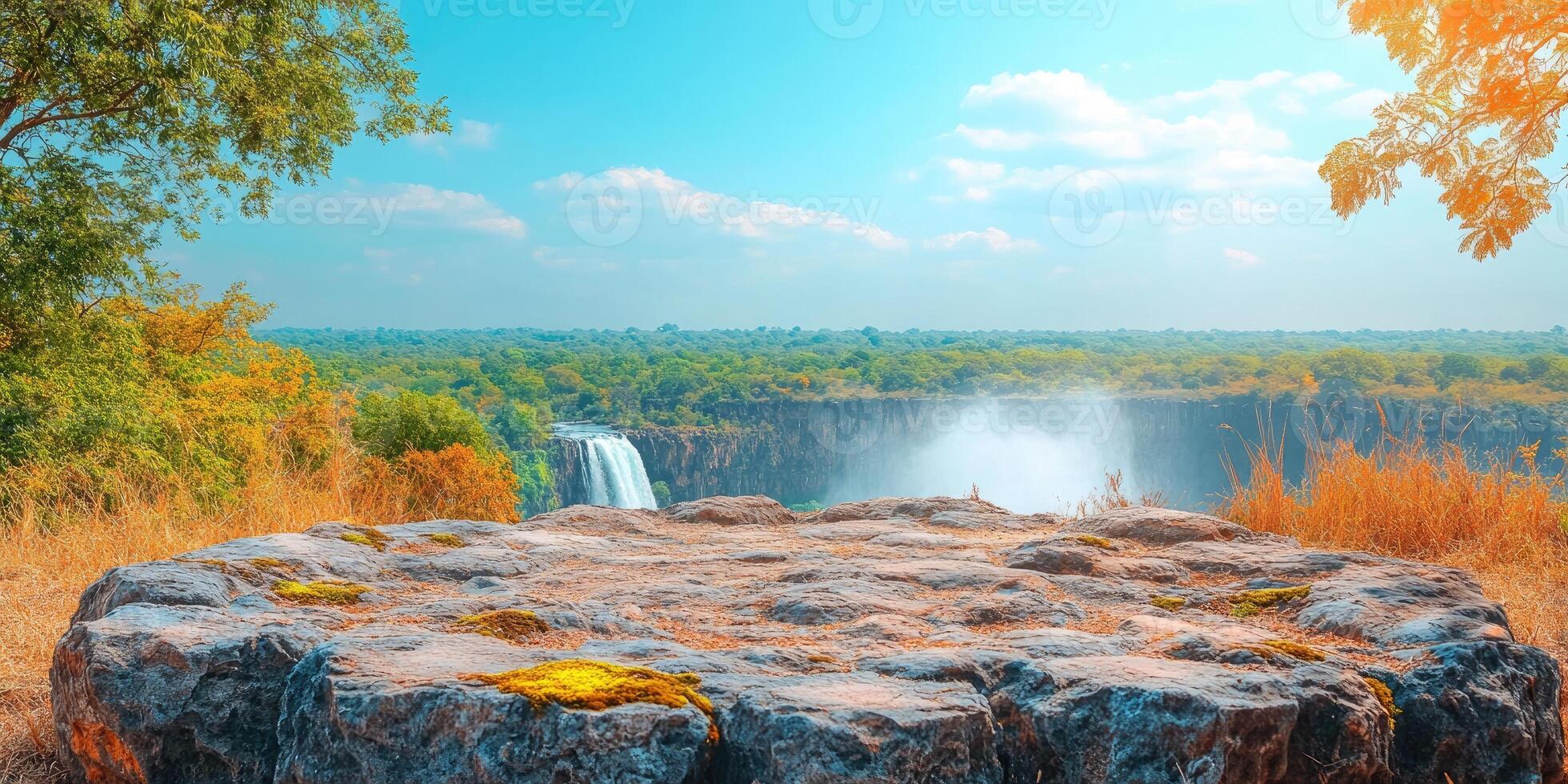 Rocky Overlook with a Distant Waterfall and Lush Green Forest photo