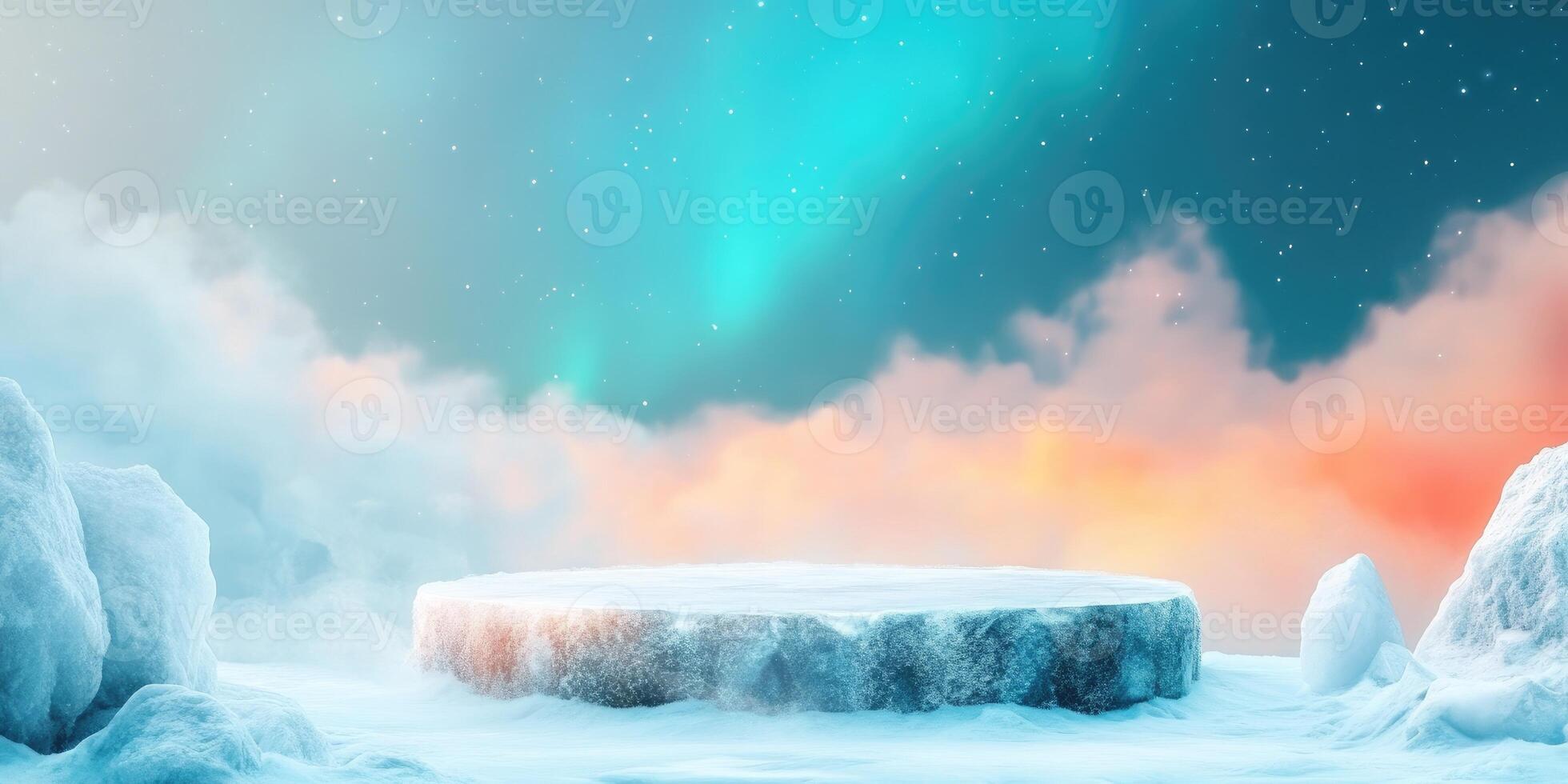 Frozen Platform with Northern Lights in a Snowy Landscape photo