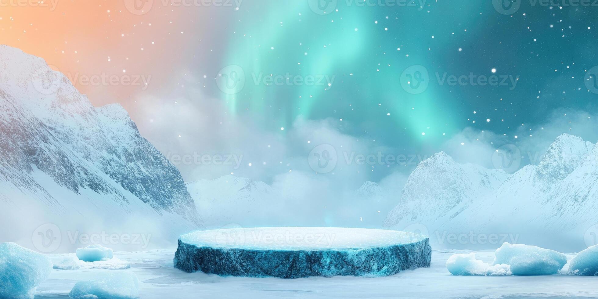 Ice Platform in Snowy Mountain Landscape with Aurora Borealis photo