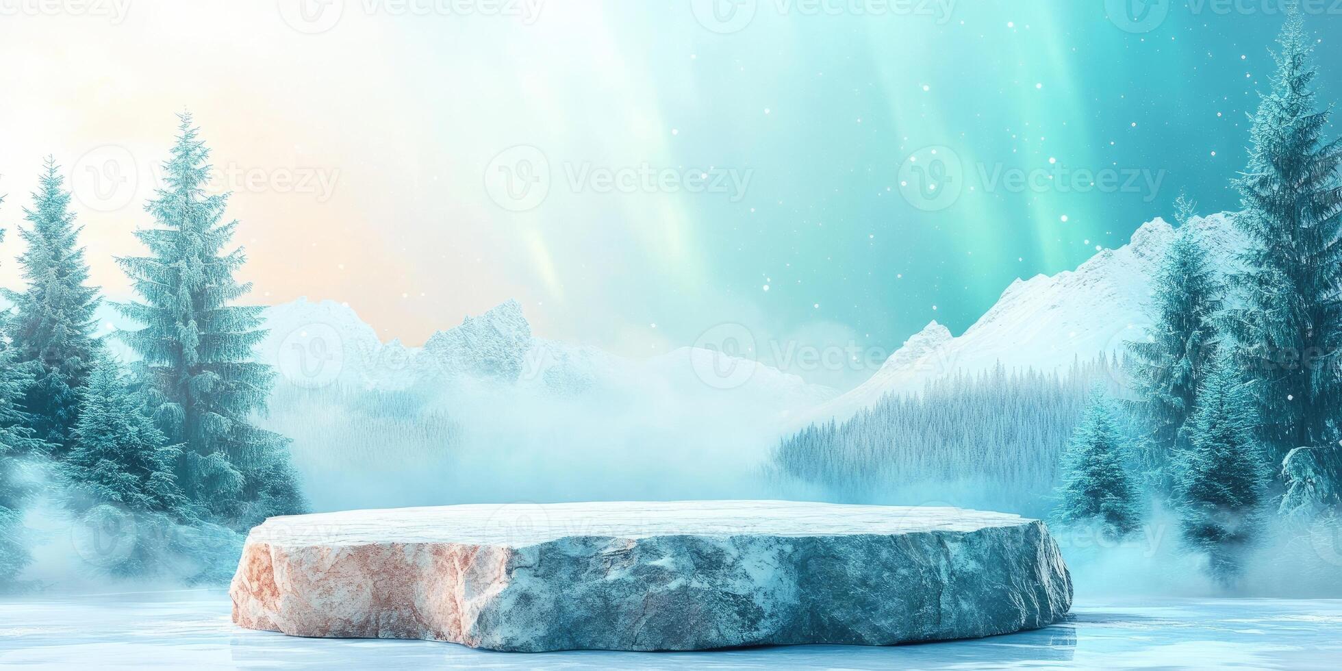 Snowy Mountain Landscape with a Stone Platform and Frosted Trees photo