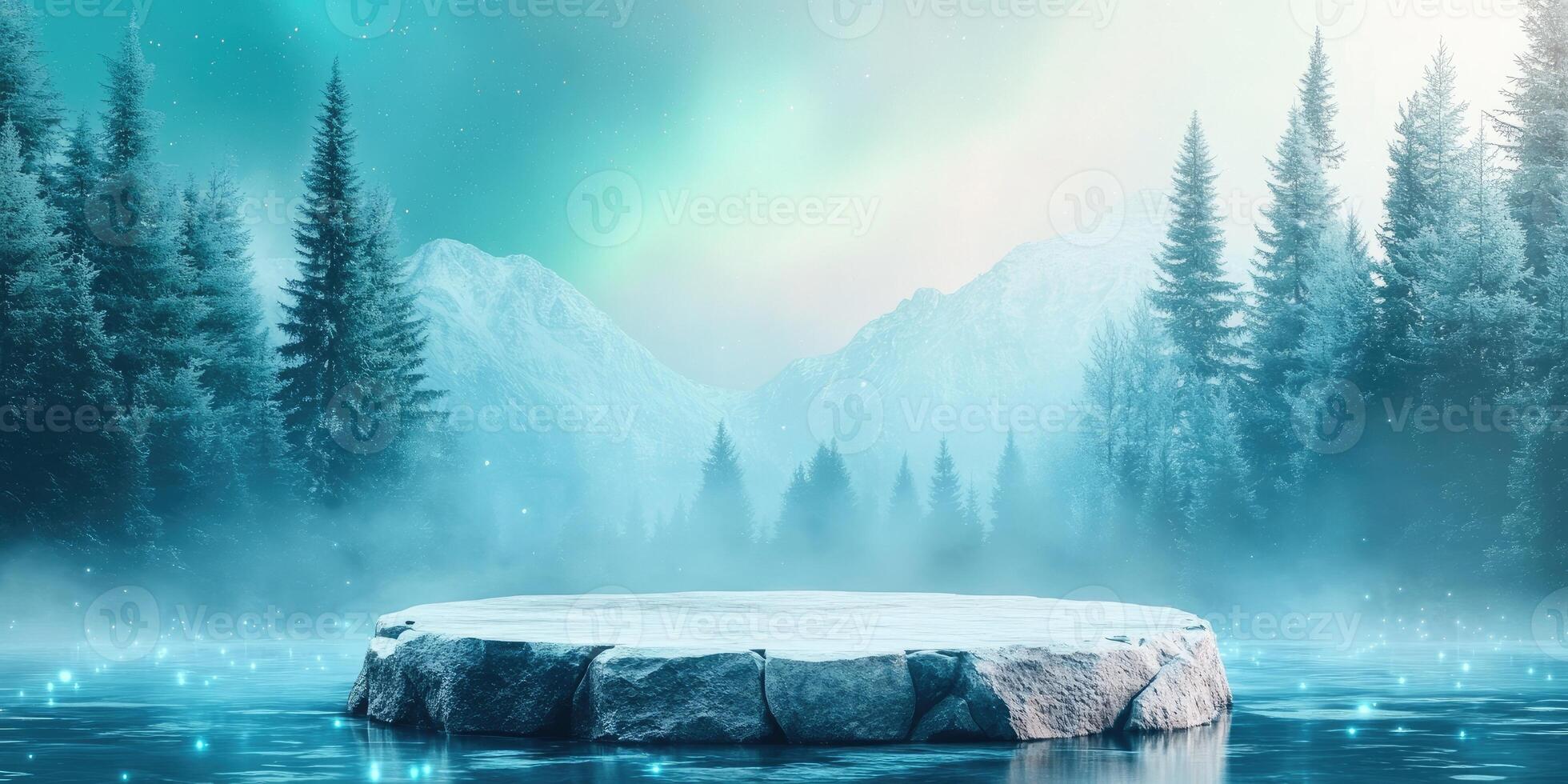 Snowy Mountain Landscape with Stone Platform and Glowing Water photo