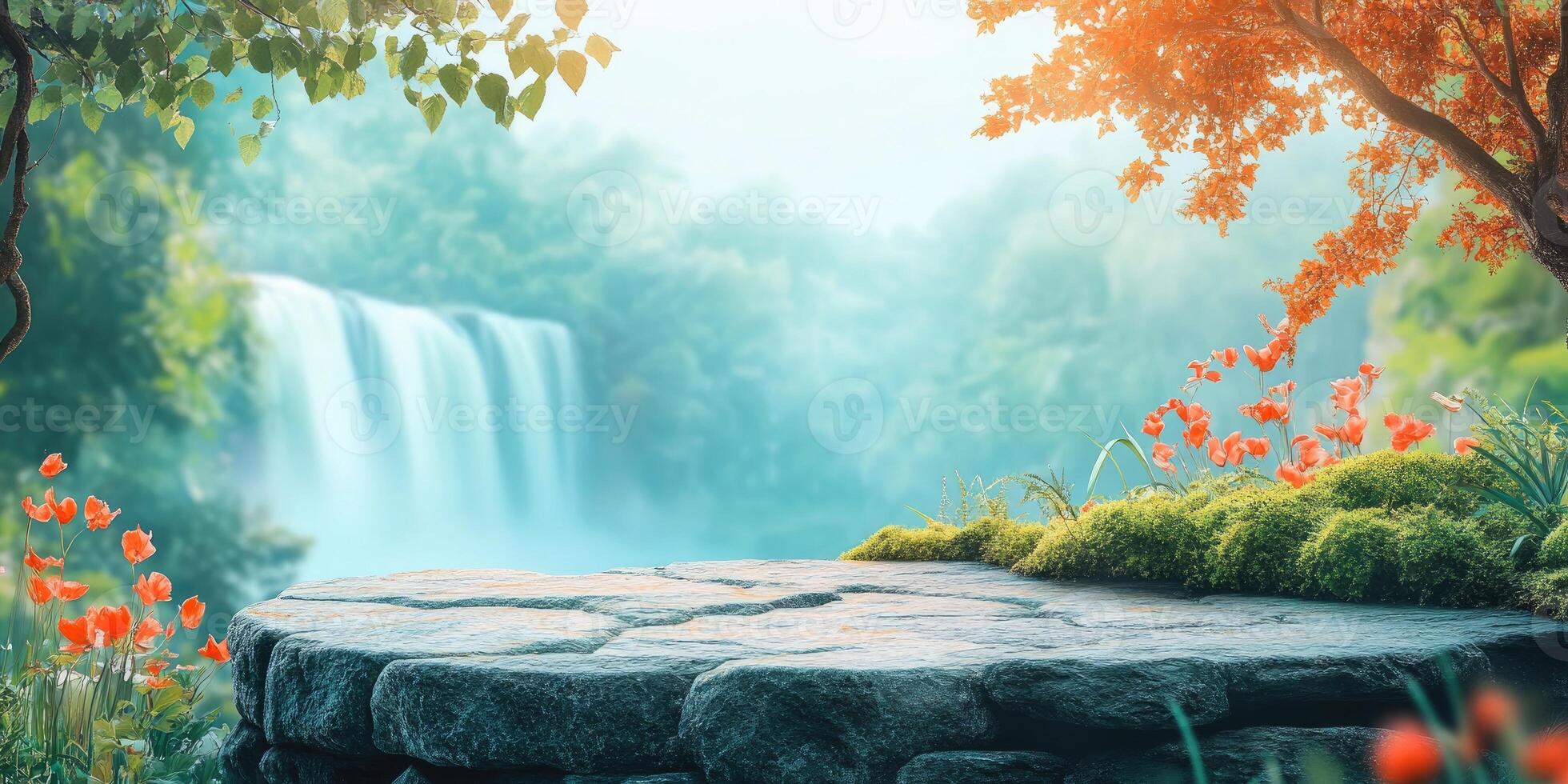 Stone Platform With Waterfall And Flowers In The Background photo