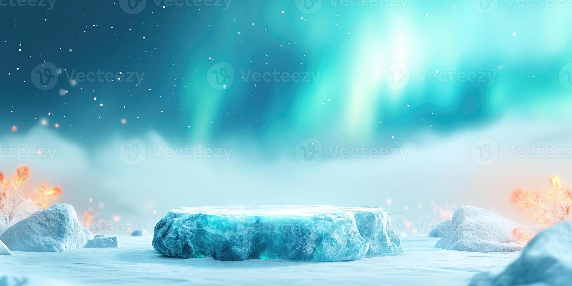 Frozen Ice Platform with Aurora Borealis and Snowy Landscape photo