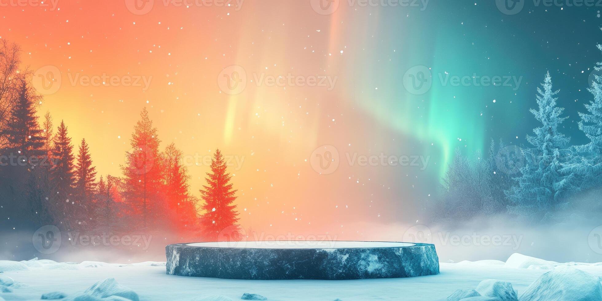 Snowy Forest Landscape with a Circular Stone Platform photo