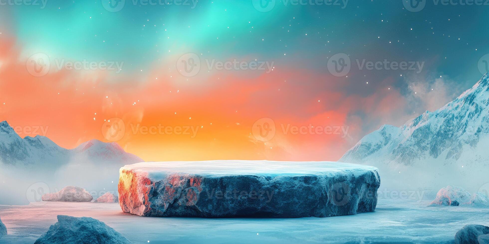 A Frozen Stone Platform in a Snowy Mountain Landscape Under a Starry Sky photo