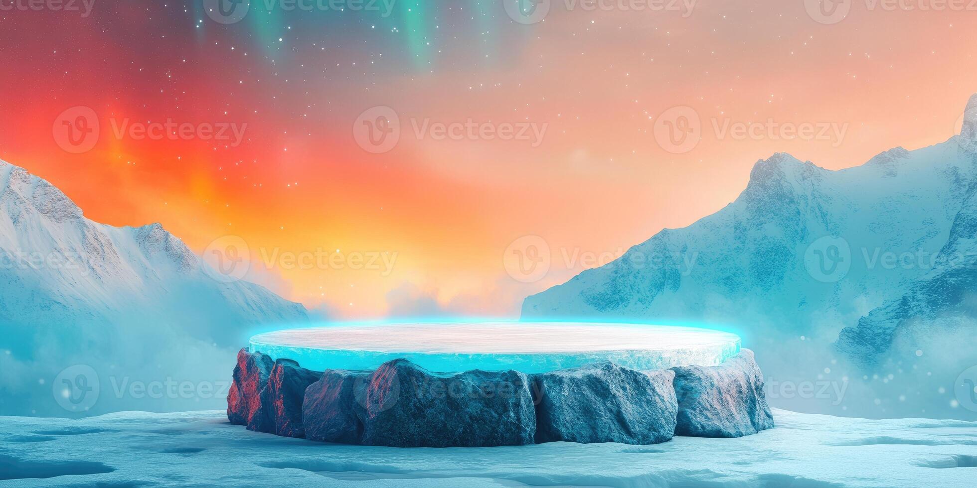 A frozen platform in a snowy mountain landscape under a colorful sky photo
