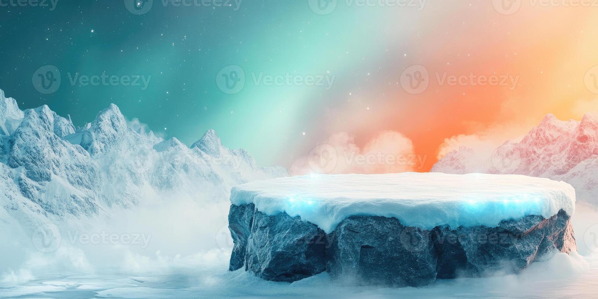 Snowy Mountain Range with a Frozen Rock Platform photo