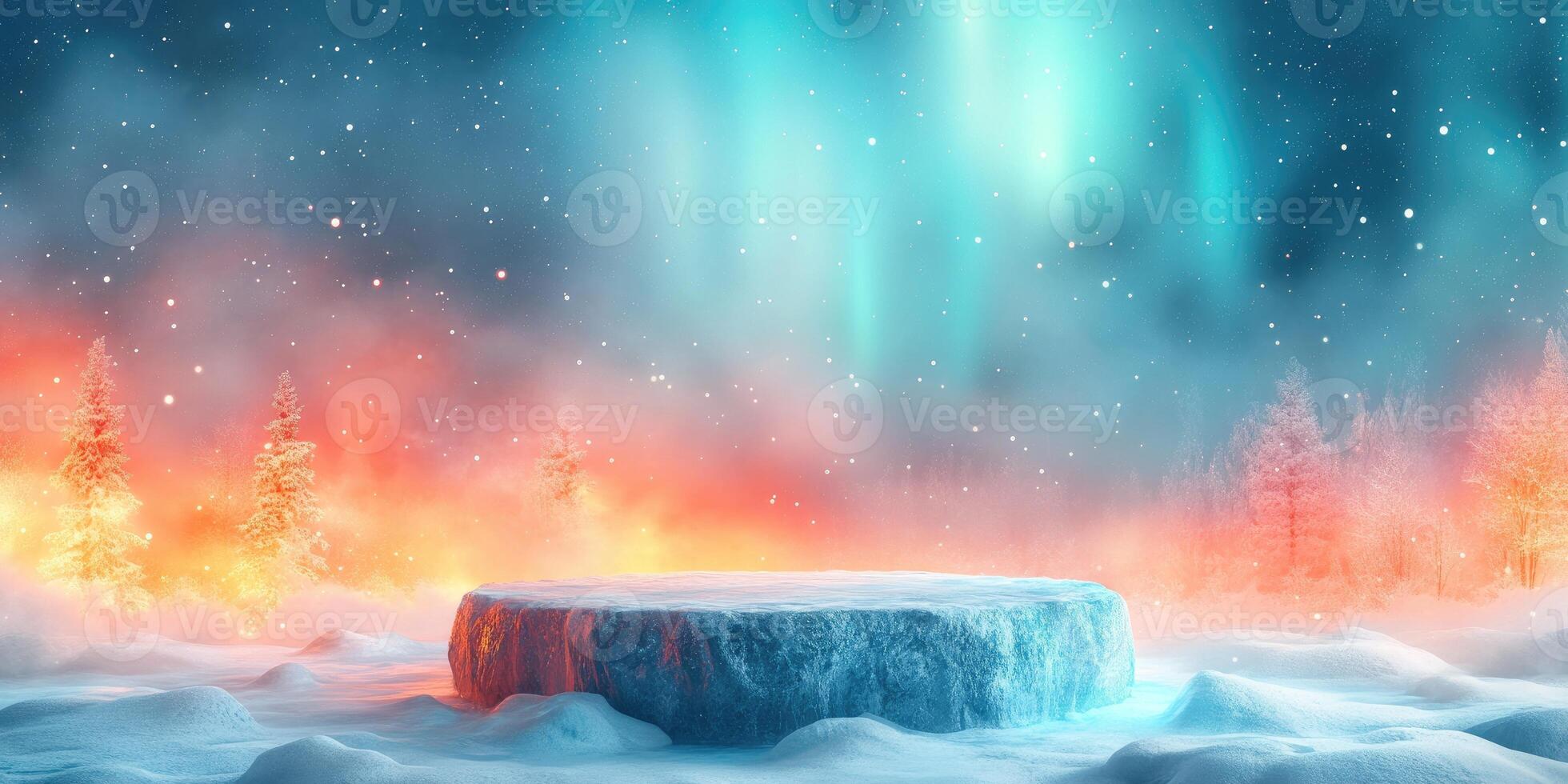 Frozen Ice Platform in a Snowy Landscape with Northern Lights photo