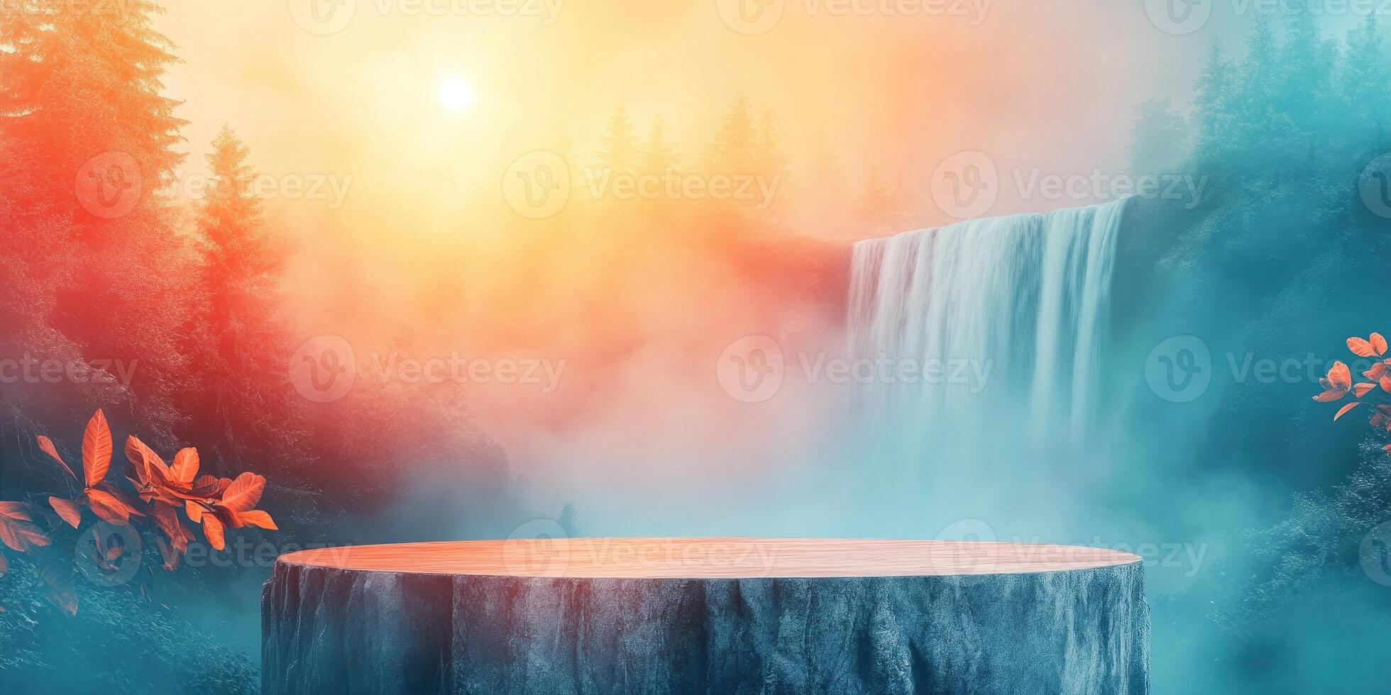 Wooden Platform Overlooking a Misty Waterfall in a Forest photo