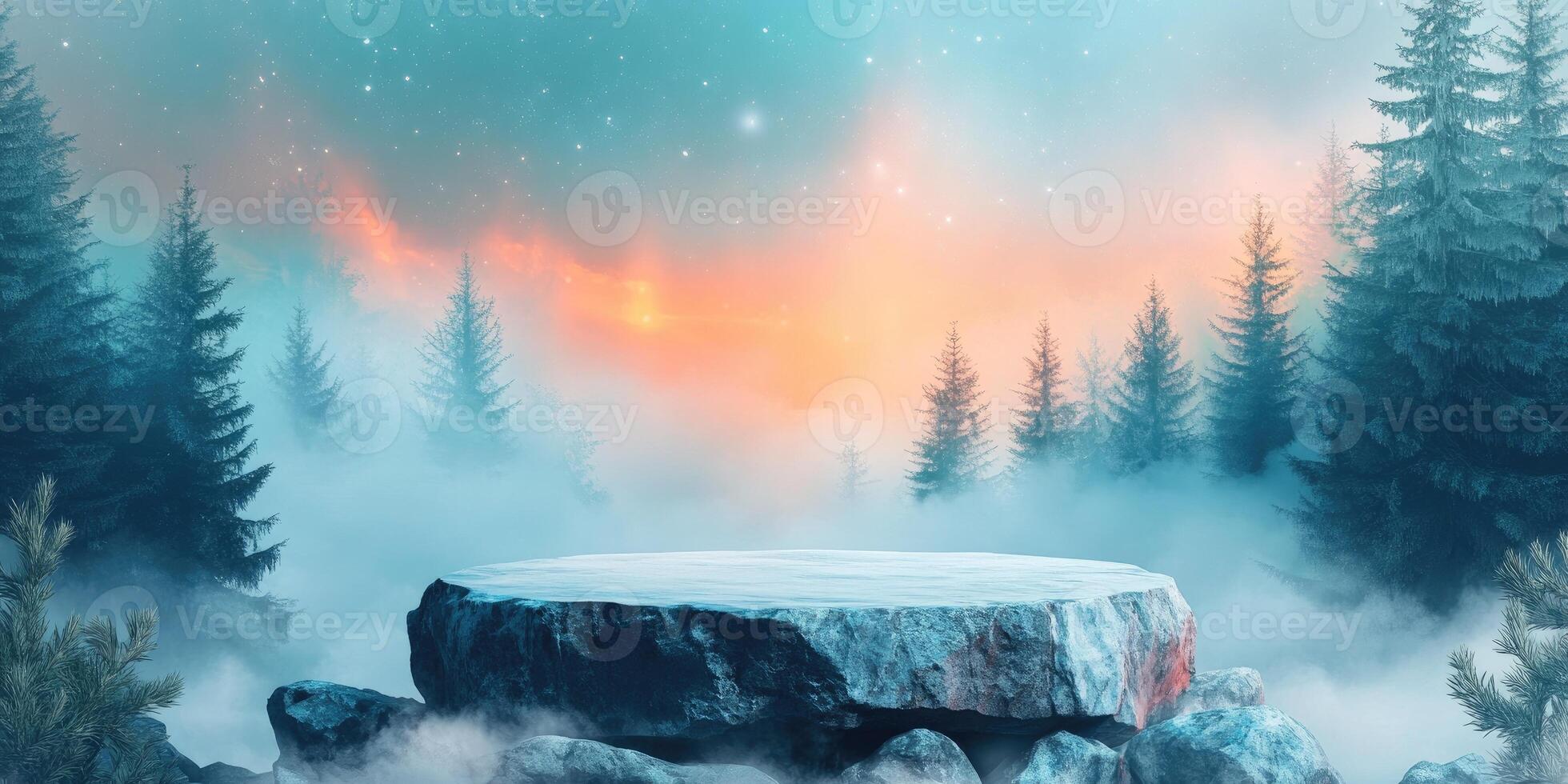 Snowy Rock Platform in a Foggy Winter Forest Under a Starry Sky photo